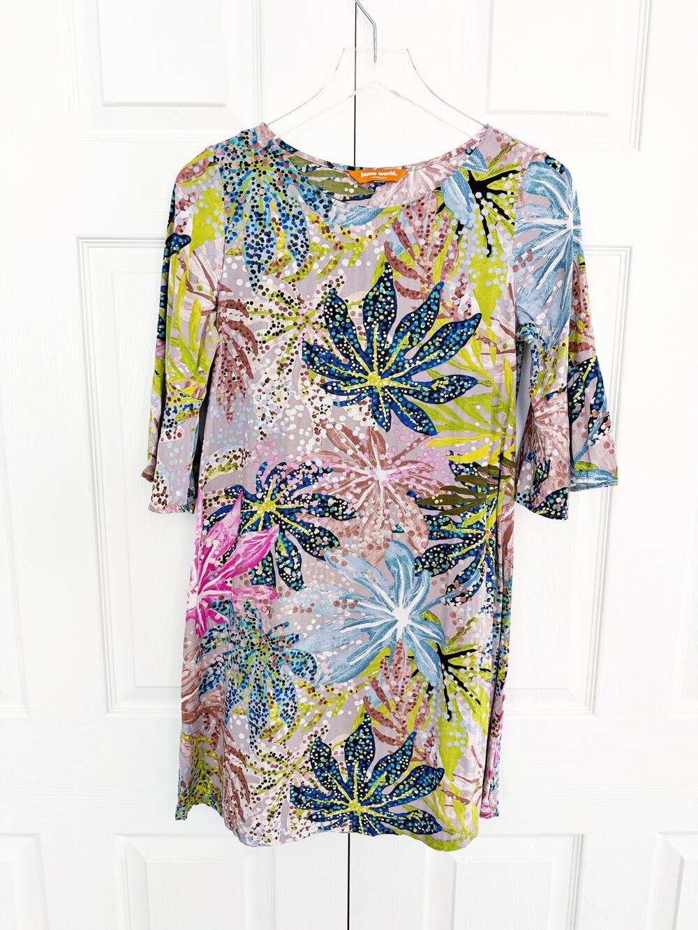 Jams World Tropical Floral Shift Dress Bell Sleeve Hawaiian Art Print Resortwear